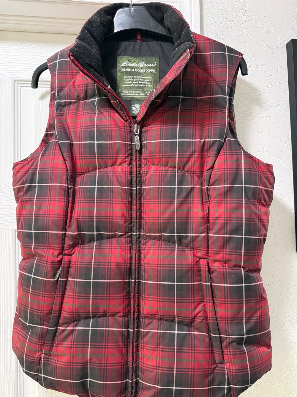 Eddie Bauer Red and Black Plaid Down Puffer Vest